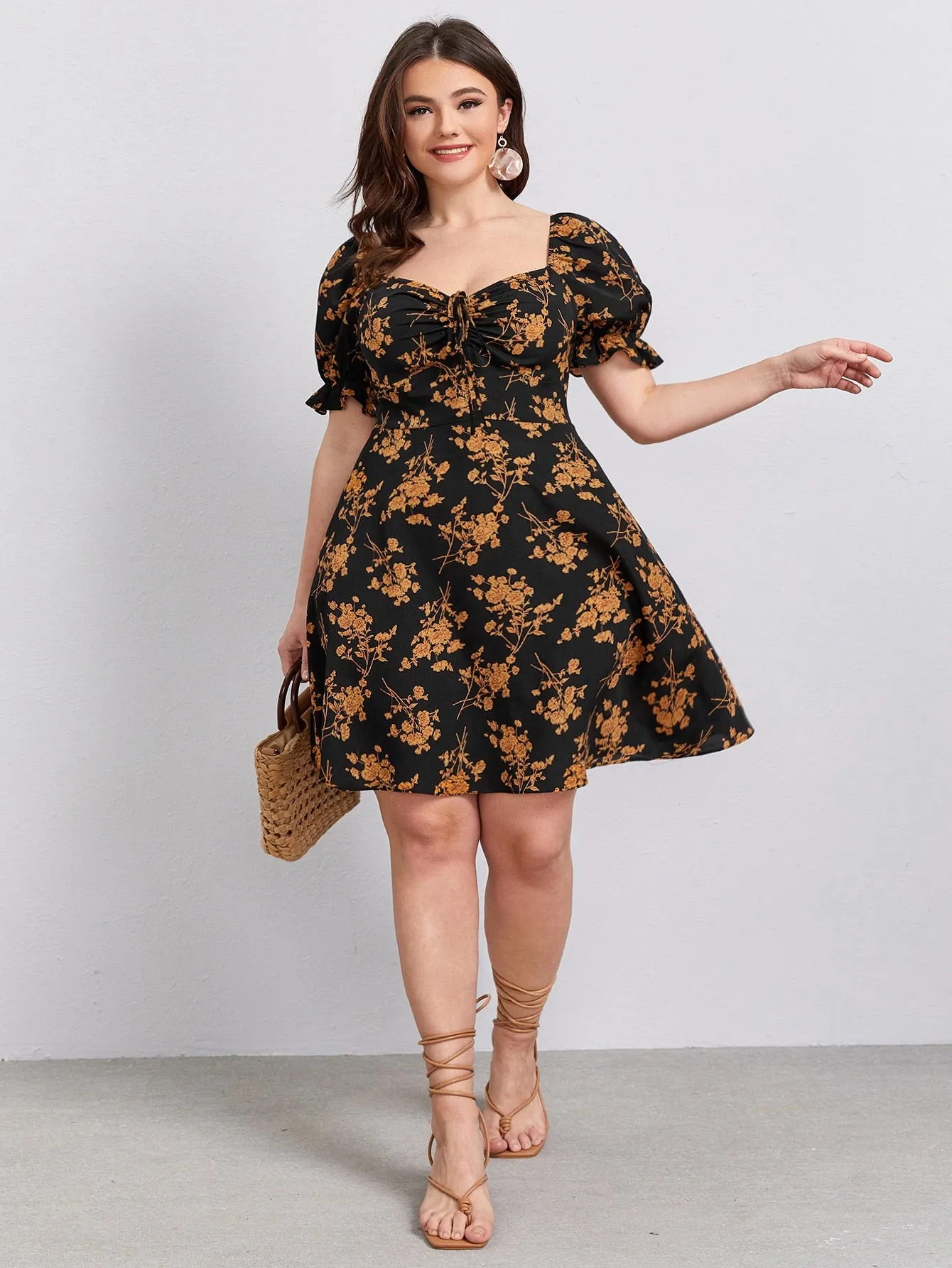 Boho All Over Print Zipper Short Sleeve Sweetheart Flared High Waist Short Plus Dress