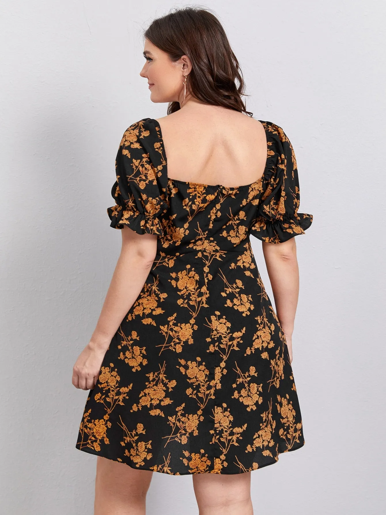 Boho All Over Print Zipper Short Sleeve Sweetheart Flared High Waist Short Plus Dress