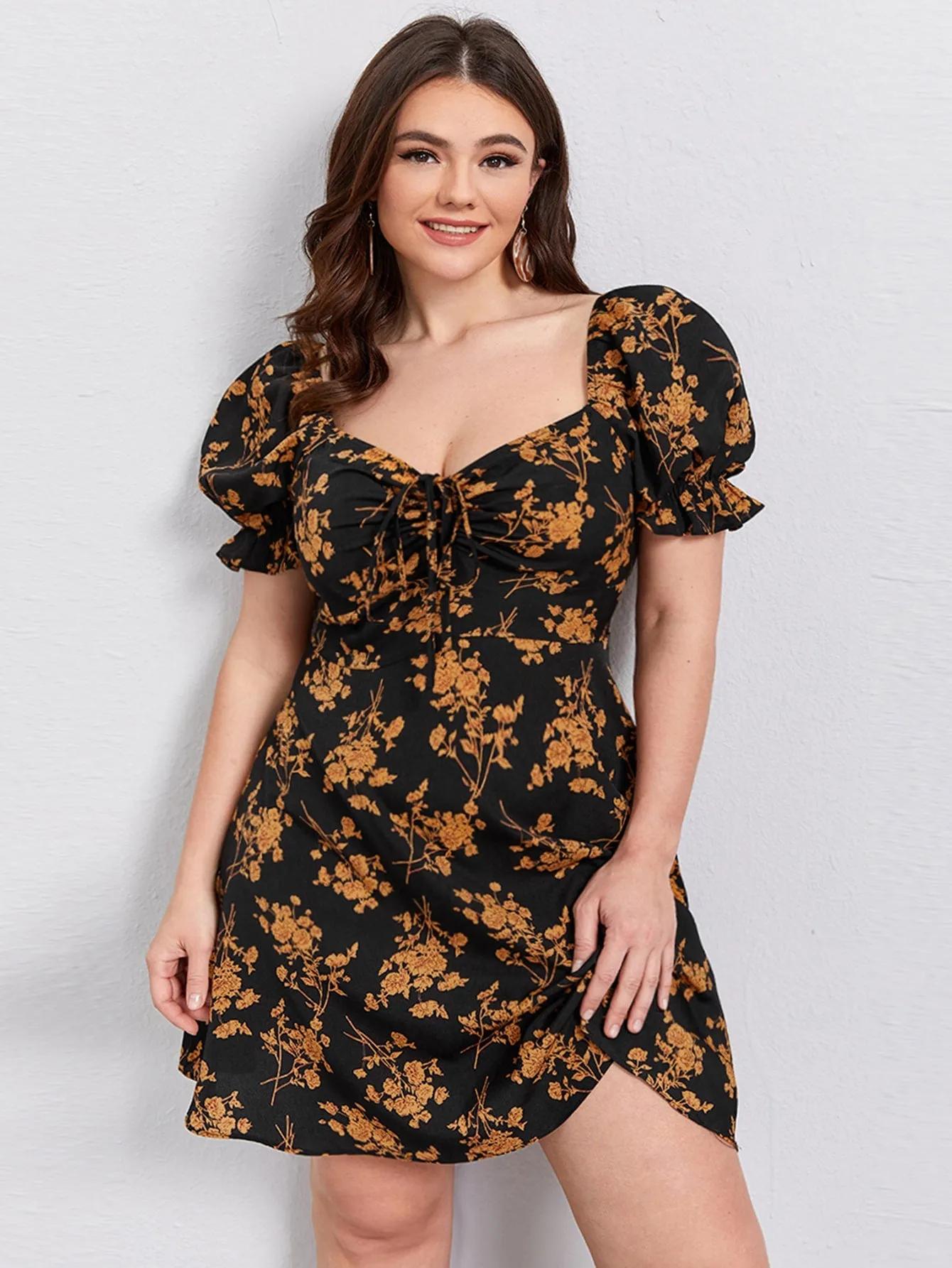 Boho All Over Print Zipper Short Sleeve Sweetheart Flared High Waist Short Plus Dress