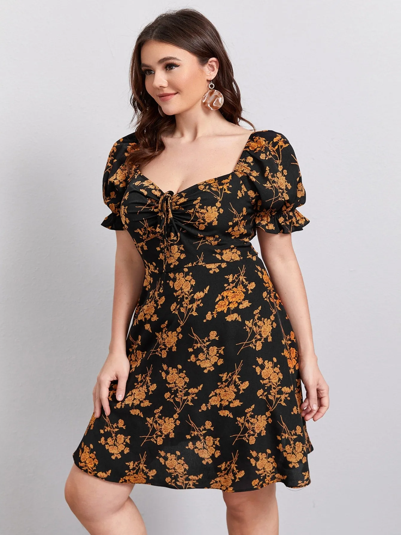 Boho All Over Print Zipper Short Sleeve Sweetheart Flared High Waist Short Plus Dress