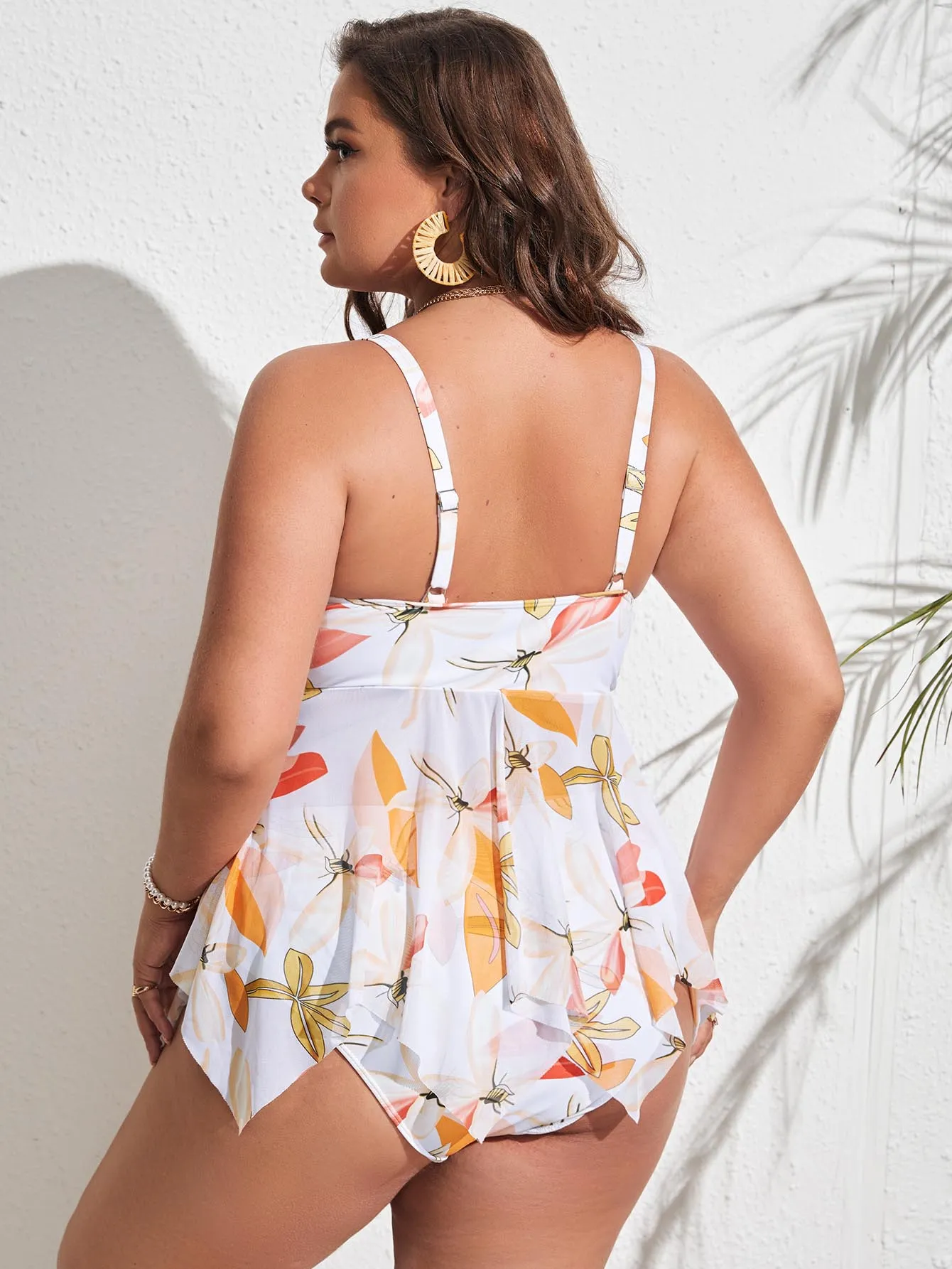 Boho Floral Ruffle Spaghetti Strap Plus Size Tankini