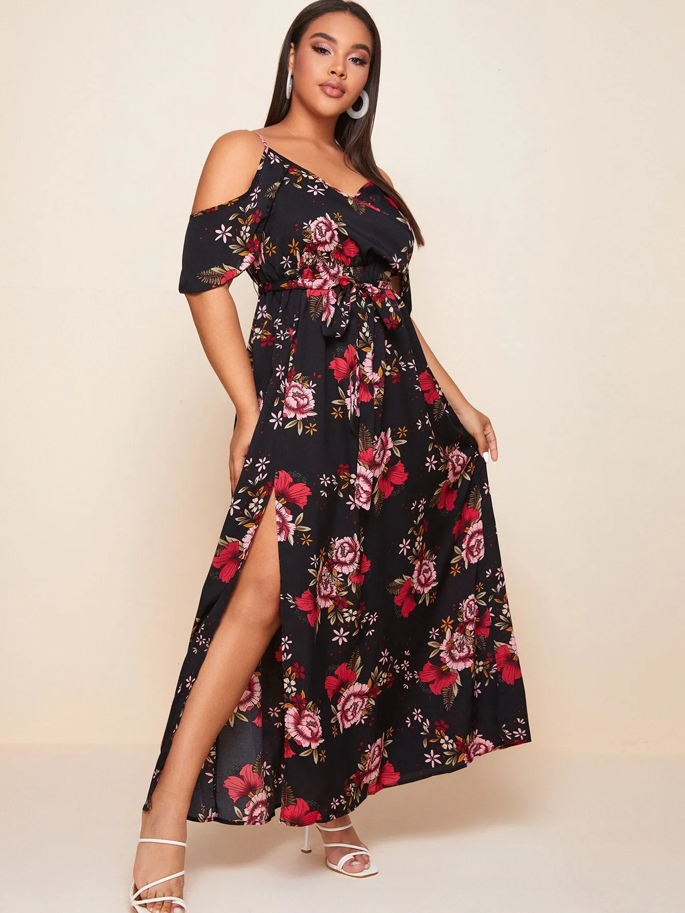 Boho Floral Split Thigh Half Sleeve Cold Shoulder Slit High Waist Maxi Plus Size Dress