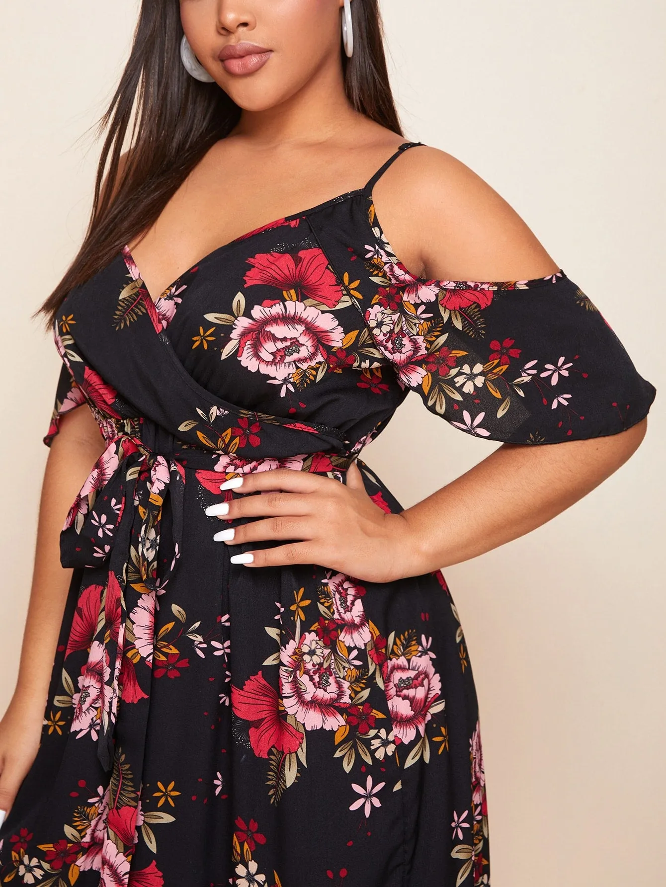 Boho Floral Split Thigh Half Sleeve Cold Shoulder Slit High Waist Maxi Plus Size Dress