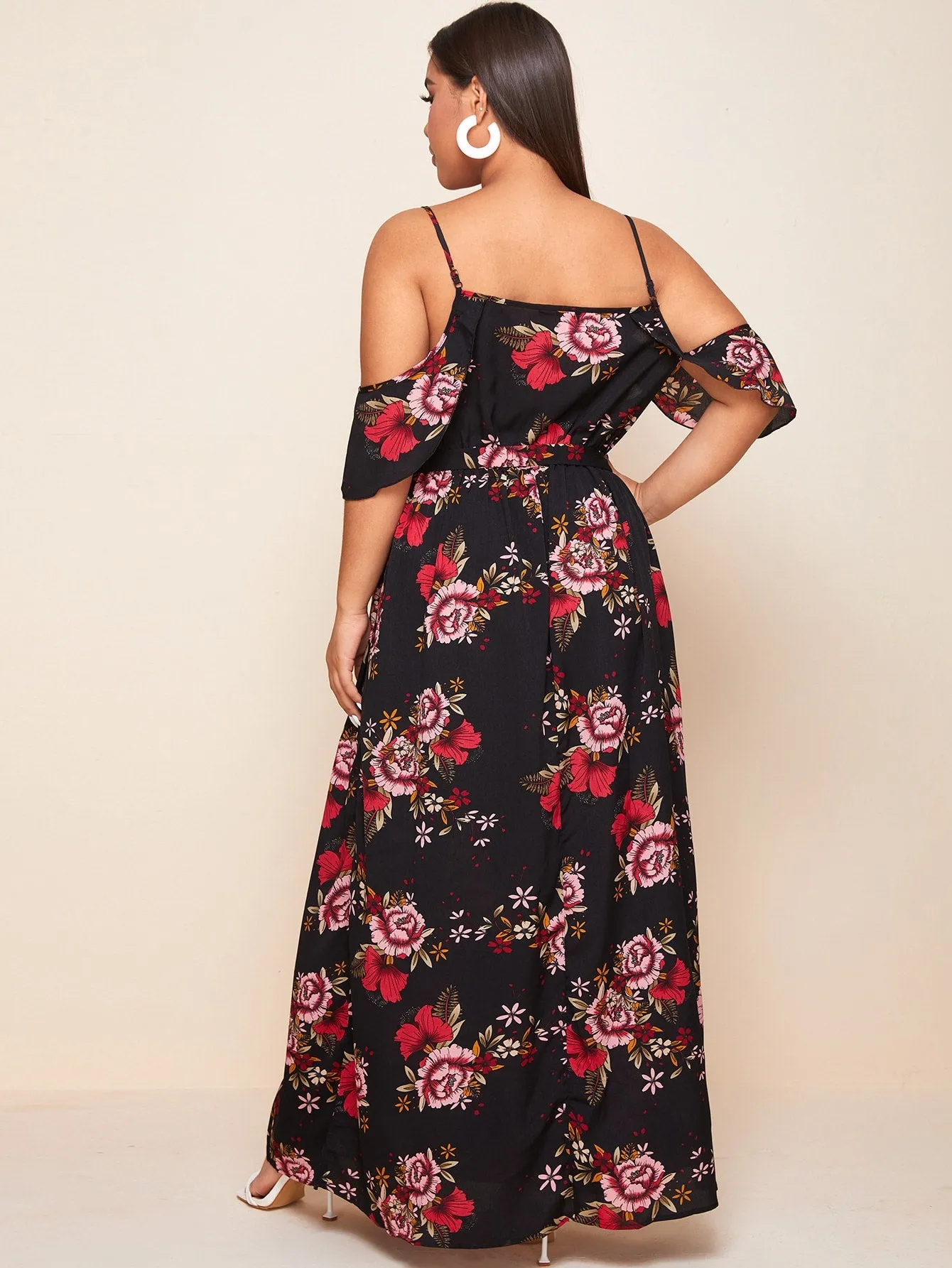 Boho Floral Split Thigh Half Sleeve Cold Shoulder Slit High Waist Maxi Plus Size Dress