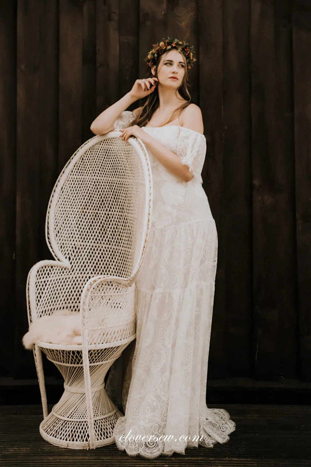 Boho Fully Lace Off The Shoulder Mermaid Charming Wedding Dresses, CW0292