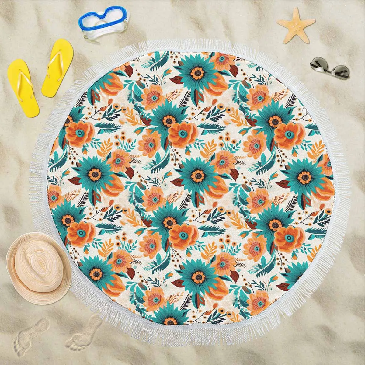 Boho Retro Floral  Circular Beach Shawl 59"