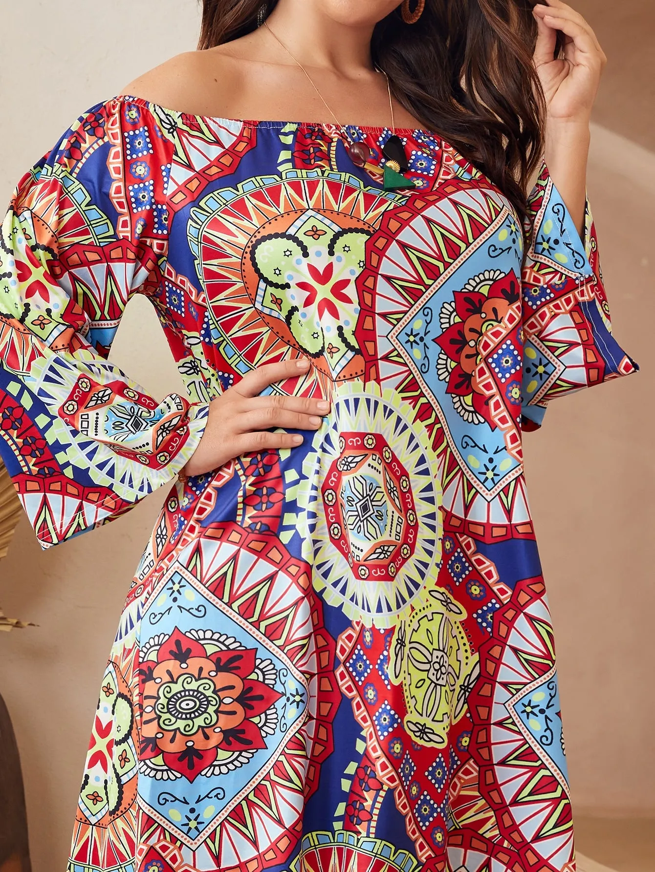 Boho Tribal Long Sleeve Off The Shoulder Straight Natural Short Plus Size Dress
