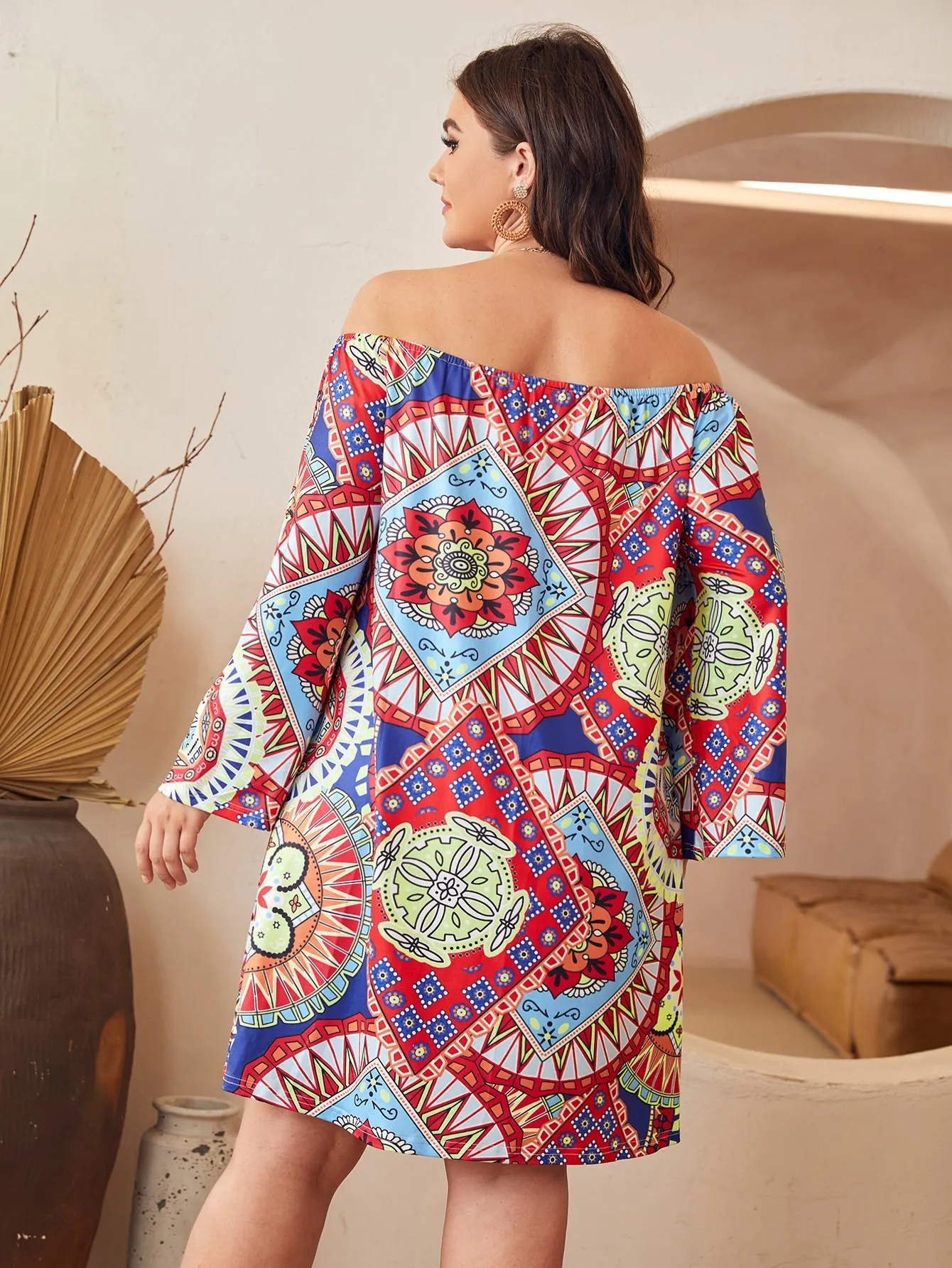 Boho Tribal Long Sleeve Off The Shoulder Straight Natural Short Plus Size Dress