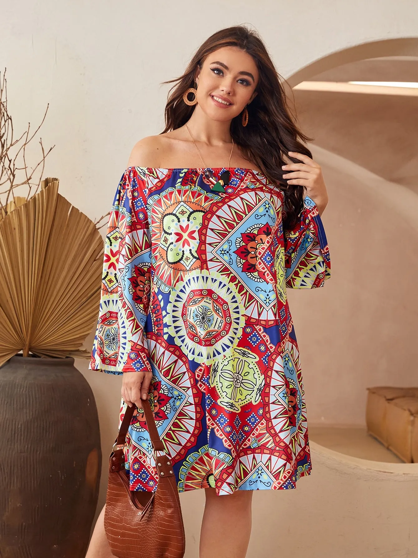 Boho Tribal Long Sleeve Off The Shoulder Straight Natural Short Plus Size Dress
