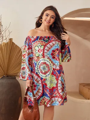 Boho Tribal Long Sleeve Off The Shoulder Straight Natural Short Plus Size Dress