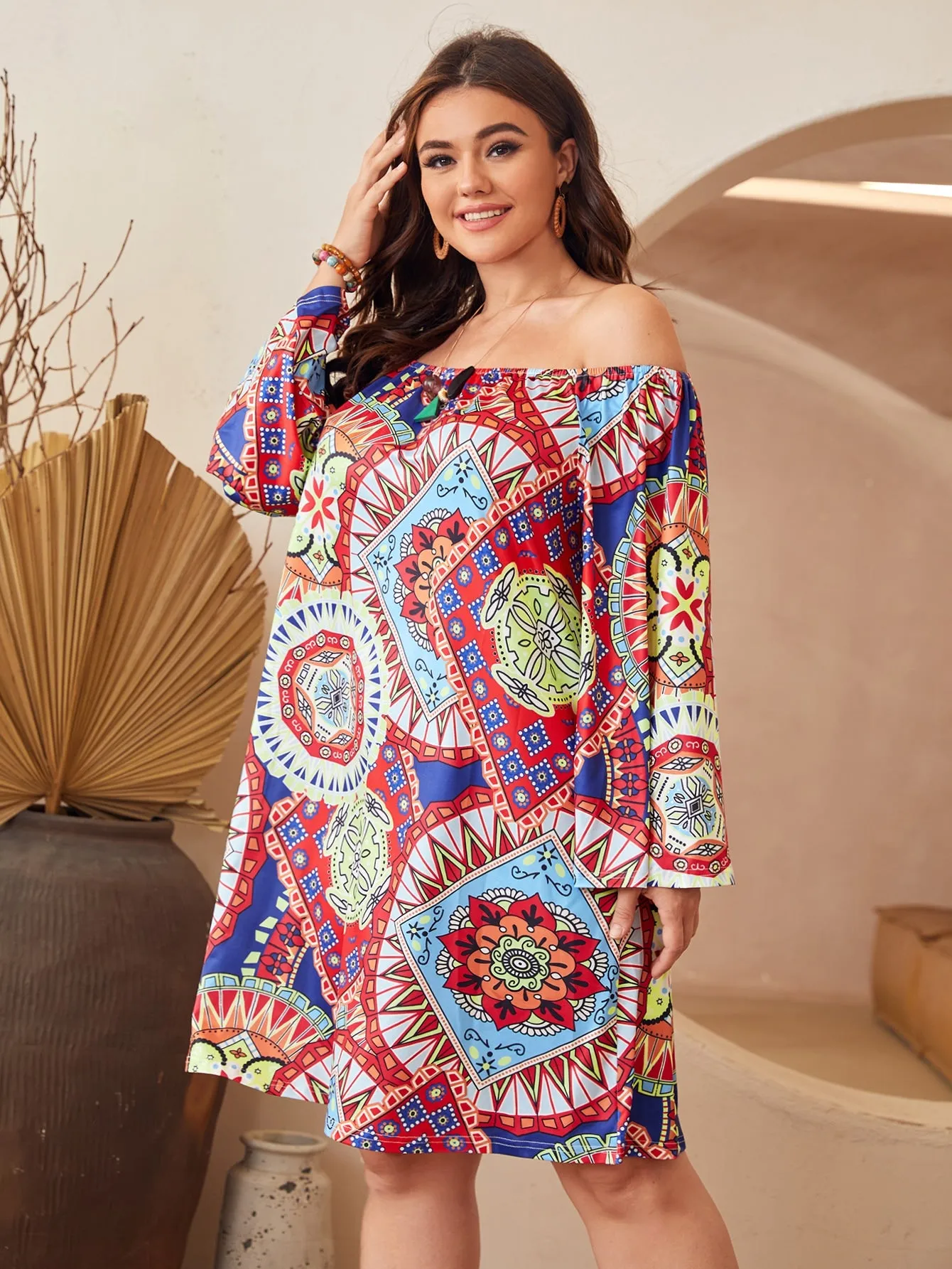 Boho Tribal Long Sleeve Off The Shoulder Straight Natural Short Plus Size Dress