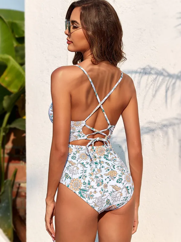 Boho Women's Paisley High-Waist Plunge Swimsuit for Pool Parties