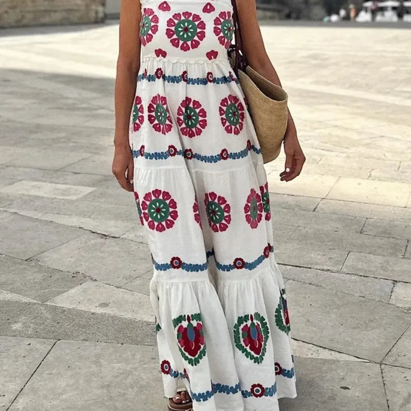 Bonnyshow Bohemian Flower Women's Dresses Elegant Printed Sleeveless Long Dresses Fashion Casual Loose Maxi Dress Ladies Beach Dress