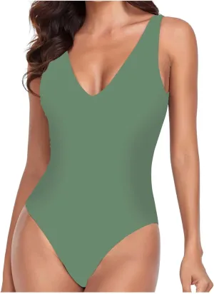BOXIACEY Womens One Piece Swimsuits V Neck Backless Bodysuit Tummy Control Bathing Suit Beach Solid Color Swimwear