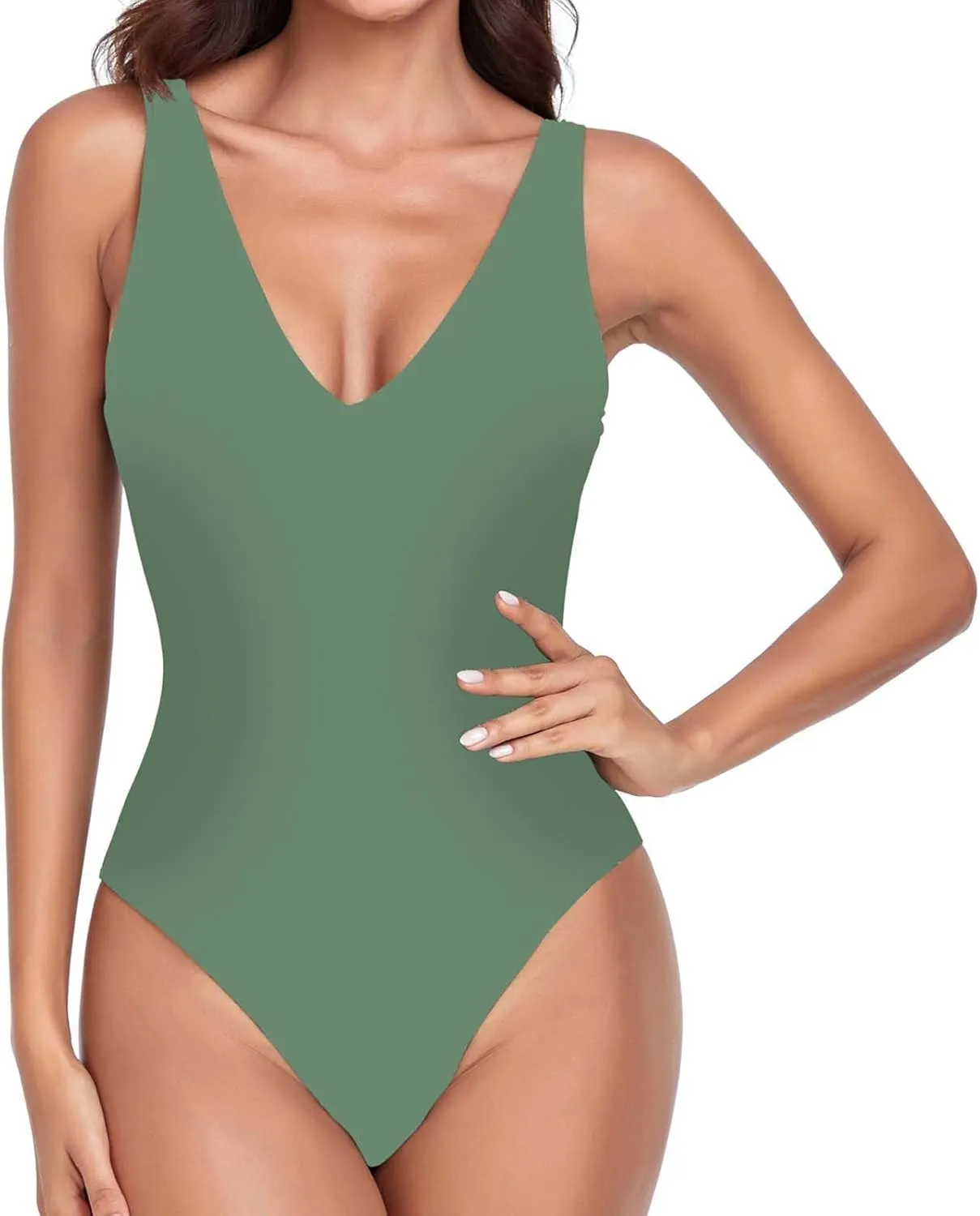 BOXIACEY Womens One Piece Swimsuits V Neck Backless Bodysuit Tummy Control Bathing Suit Beach Solid Color Swimwear