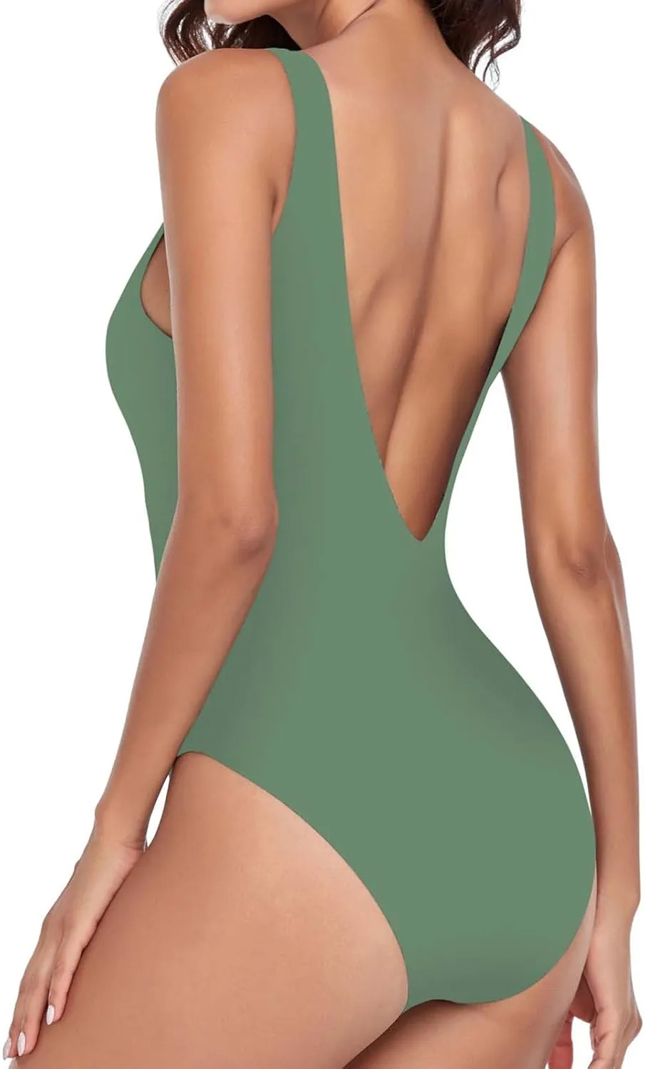 BOXIACEY Womens One Piece Swimsuits V Neck Backless Bodysuit Tummy Control Bathing Suit Beach Solid Color Swimwear