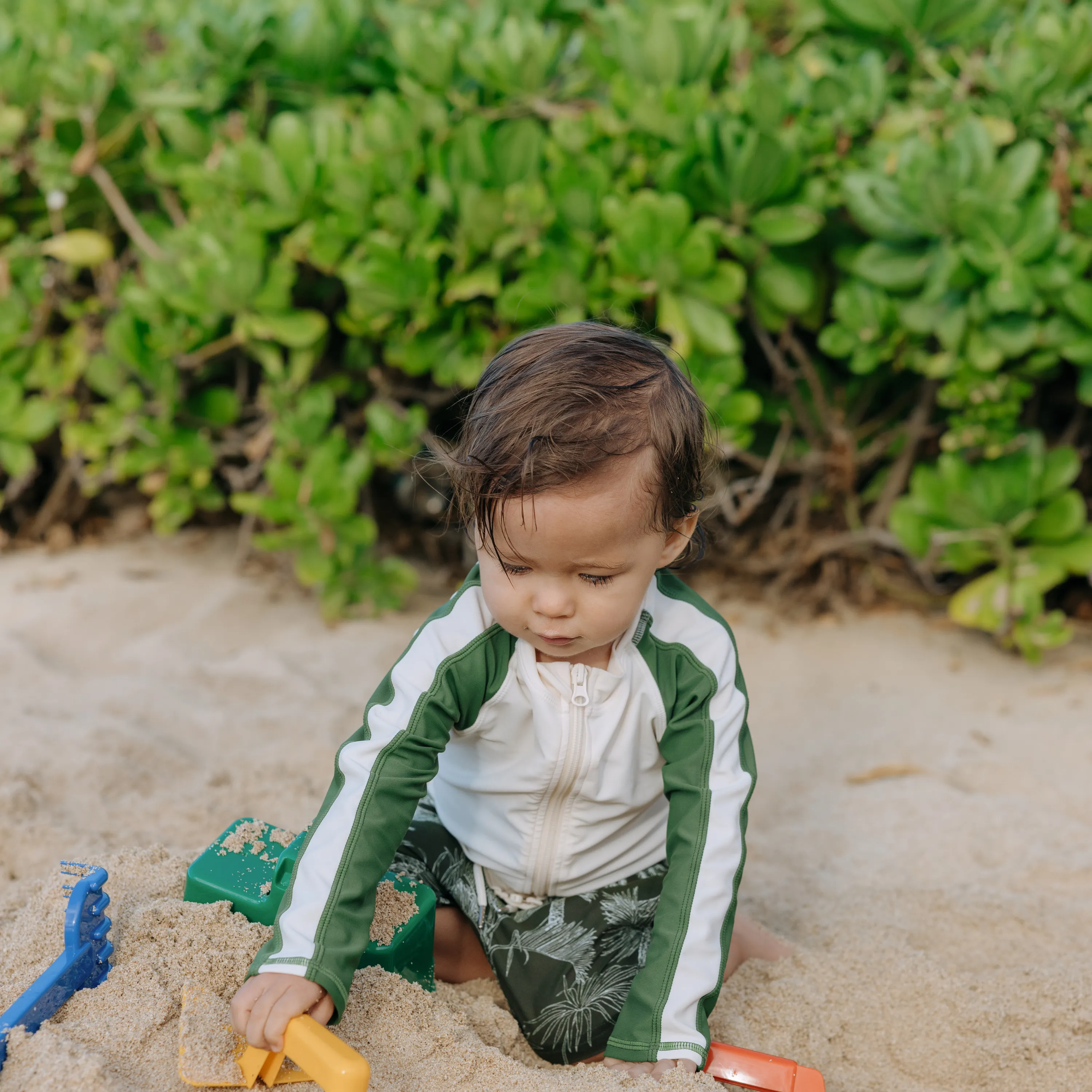 Boys Long Sleeve Zipper Rash Guard and Swim Trunk Set | "Hawaiian Rainforest"