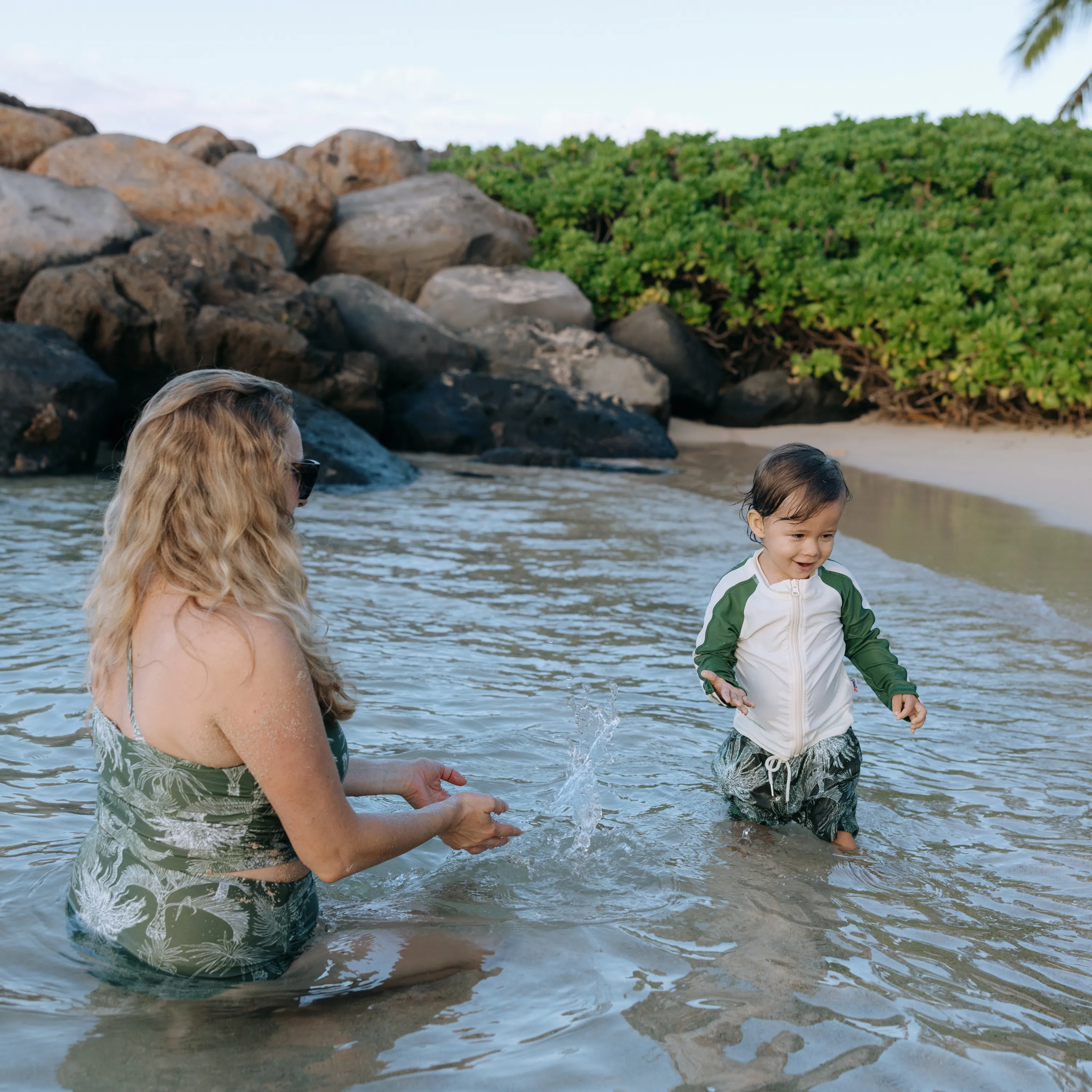 Boys Long Sleeve Zipper Rash Guard and Swim Trunk Set | "Hawaiian Rainforest"