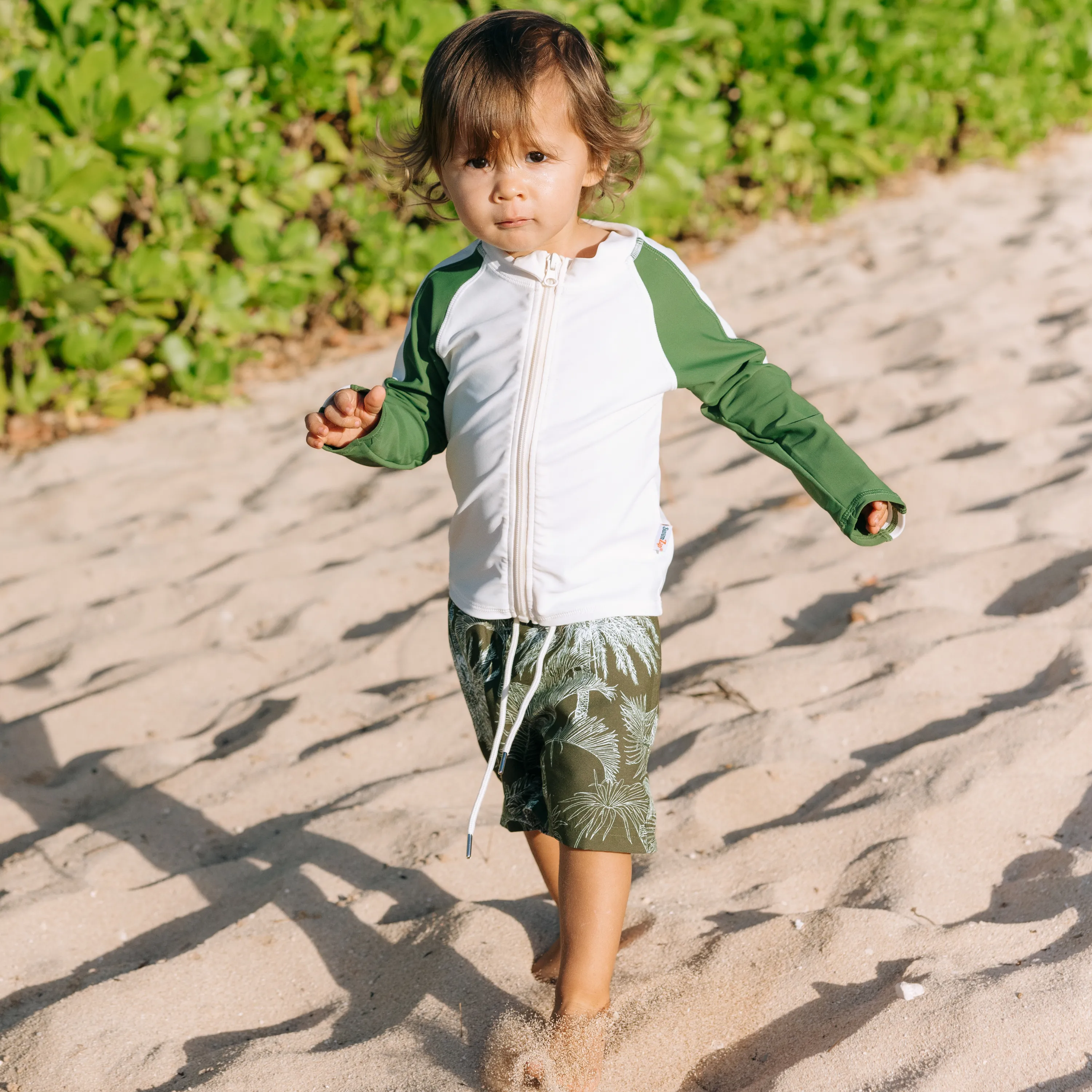 Boys Long Sleeve Zipper Rash Guard and Swim Trunk Set | "Hawaiian Rainforest"