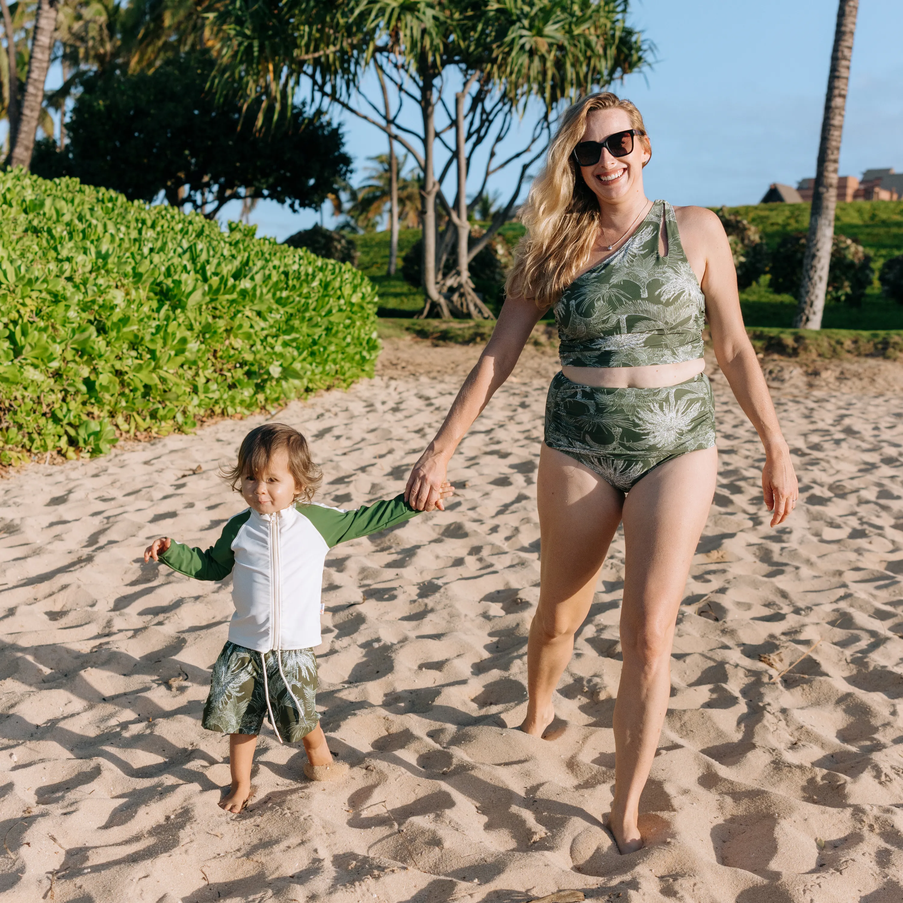 Boys Long Sleeve Zipper Rash Guard and Swim Trunk Set | "Hawaiian Rainforest"