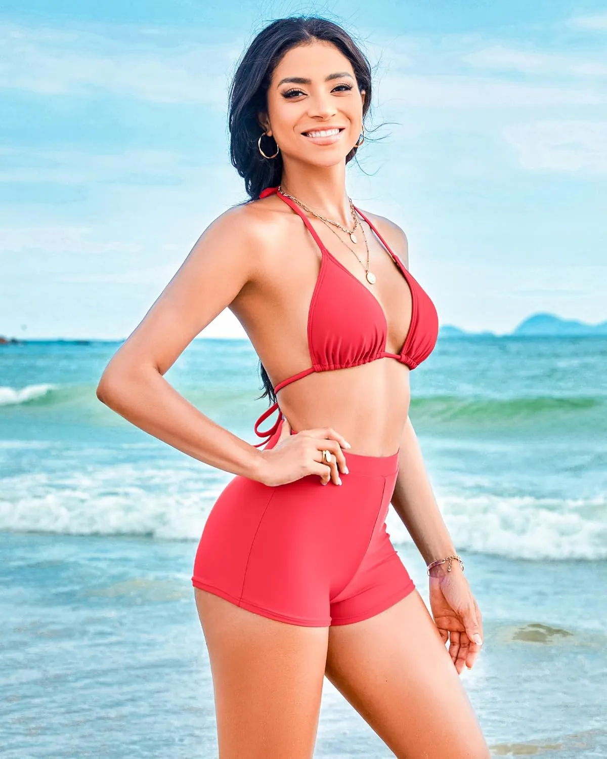 Boyshorts Swimsuits for Women-High Waisted Bikini Set 2 Piece Tummy Control Bathing Suit Triangle Top Shorts Bottom