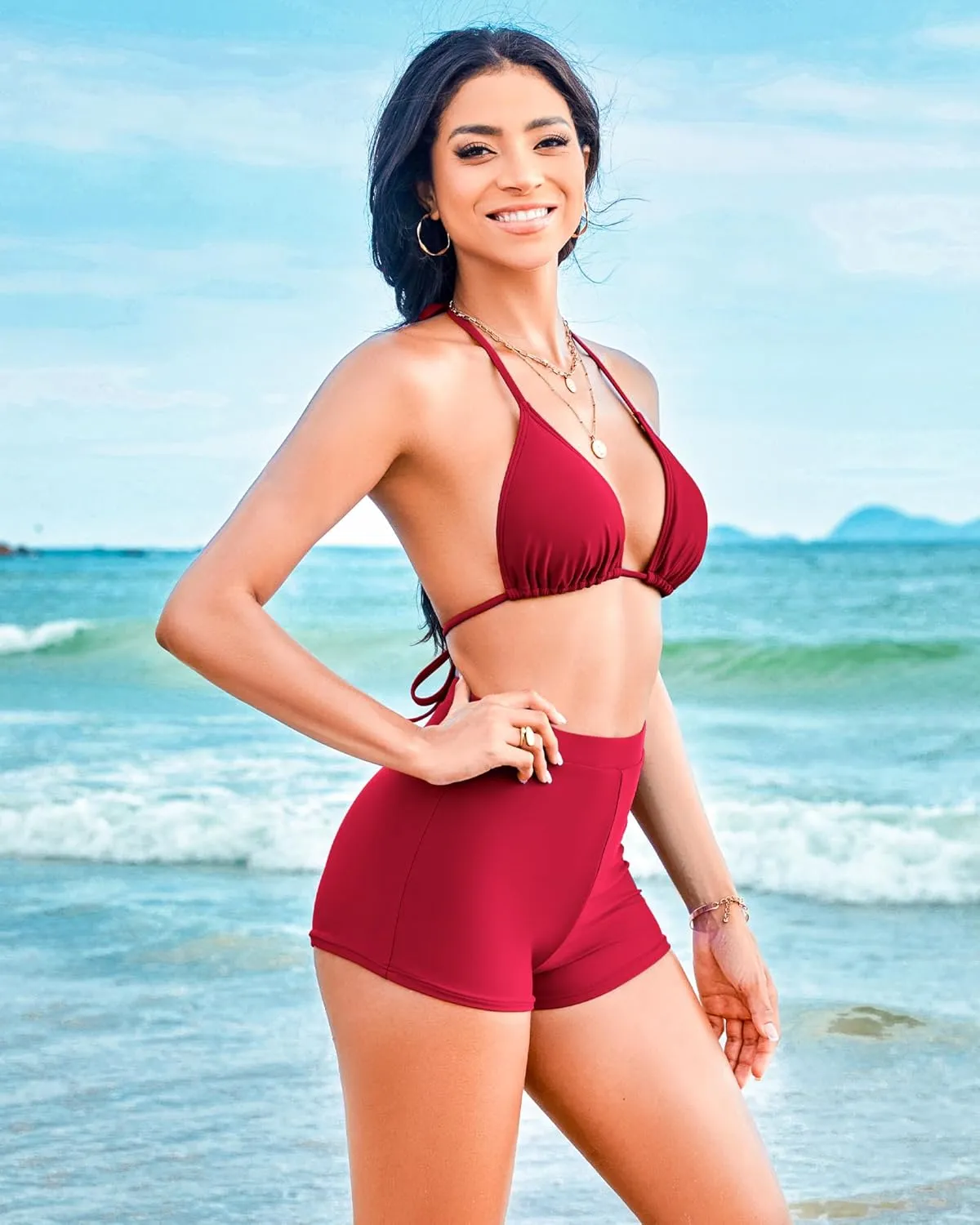 Boyshorts Swimsuits for Women-High Waisted Bikini Set 2 Piece Tummy Control Bathing Suit Triangle Top Shorts Bottom