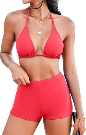Boyshorts Swimsuits for Women-High Waisted Bikini Set 2 Piece Tummy Control Bathing Suit Triangle Top Shorts Bottom