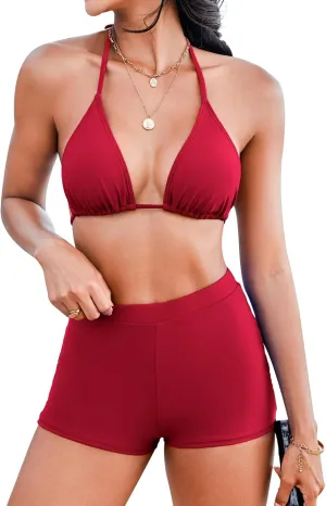 Boyshorts Swimsuits for Women-High Waisted Bikini Set 2 Piece Tummy Control Bathing Suit Triangle Top Shorts Bottom