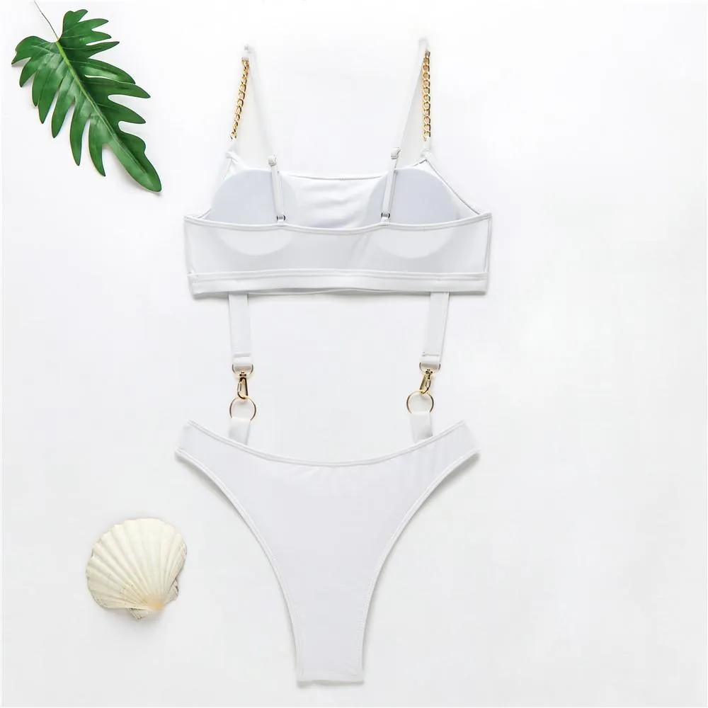 Bright Color Buckle Cutout Fleabag Thong Bottom Bikinis