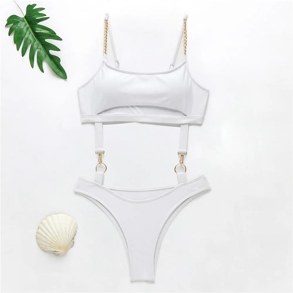 Bright Color Buckle Cutout Fleabag Thong Bottom Bikinis