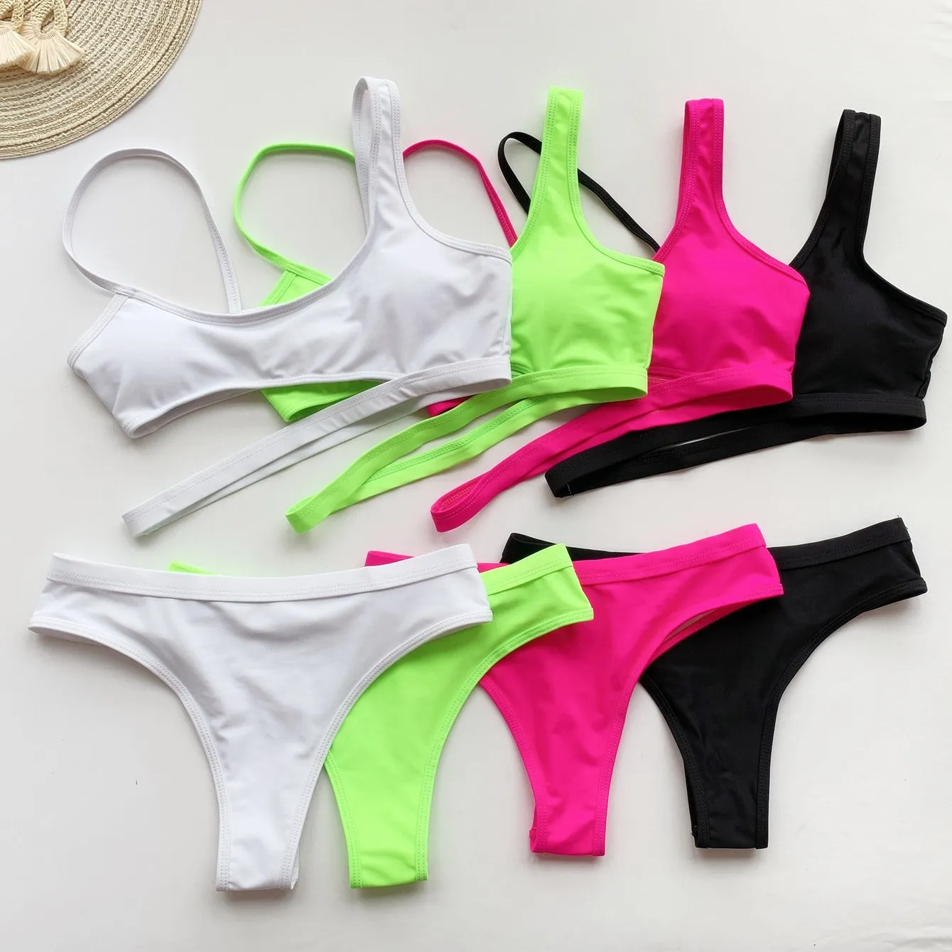 Bright Color Cutout Mid Rise Thong Bottom Bikinis