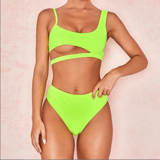 Bright Color Cutout Mid Rise Thong Bottom Bikinis