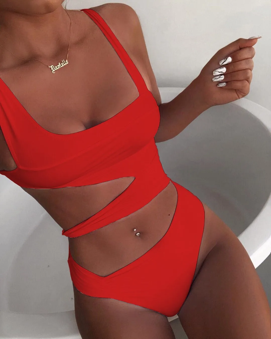 Bright Color Cutout Print Thong Bottom Bikinis