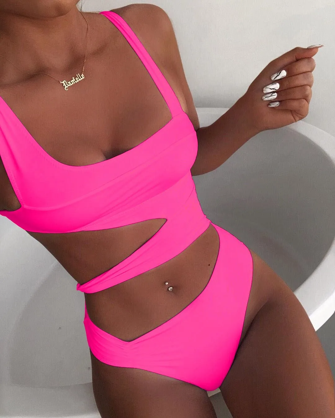 Bright Color Cutout Print Thong Bottom Bikinis