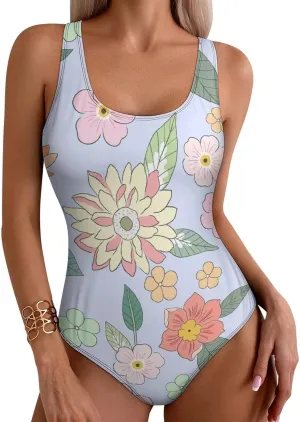 Bright Florals Lady 1 Piece Swimsuit Halter Scoop Neck Lovely Tummy Control Swimsuit