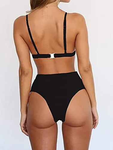 BTFBM Women's Bikini Sets 2023 Summer Two Piece Swimsuit High Waisted V Neck Triangle Bathing Suit Casual Beach Swimwear(Solid Black, X-Large)