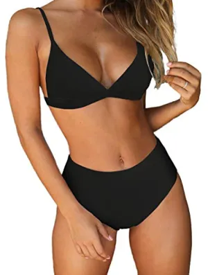 BTFBM Women's Bikini Sets 2023 Summer Two Piece Swimsuit High Waisted V Neck Triangle Bathing Suit Casual Beach Swimwear(Solid Black, X-Large)