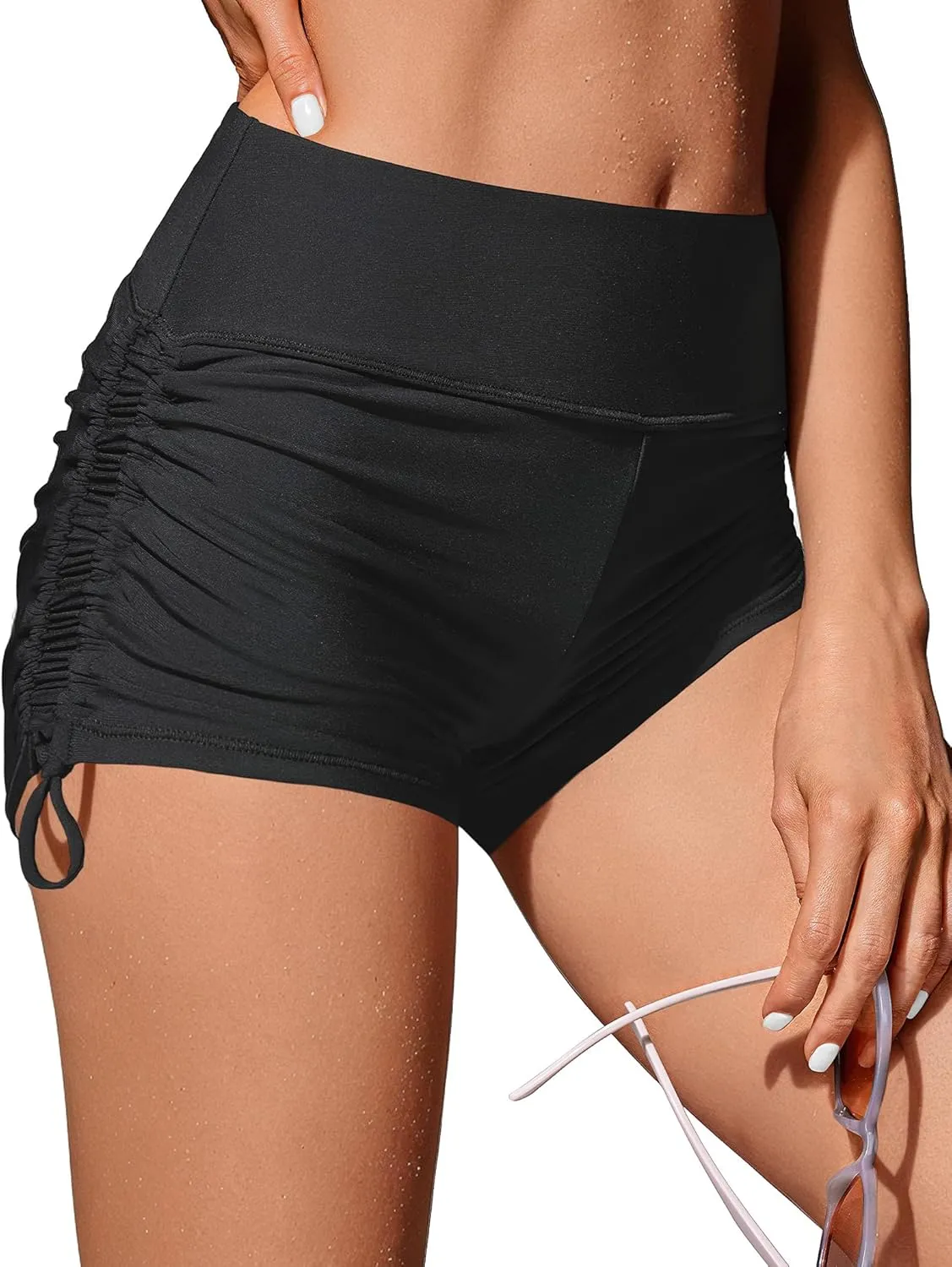 Buauty Women's Swim Shorts High Waisted Bathing Suit Bottoms Adjustable Side Tie Swimsuit Boy Short Pants Black 3XL