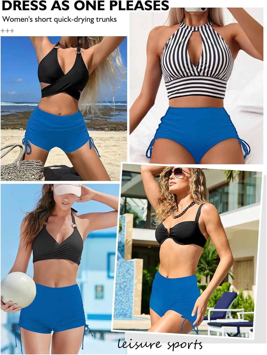 Buauty Women's Swim Shorts High Waisted Bathing Suit Bottoms Adjustable Side Tie Swimsuit Boy Short Pants Swimwear UPF50 