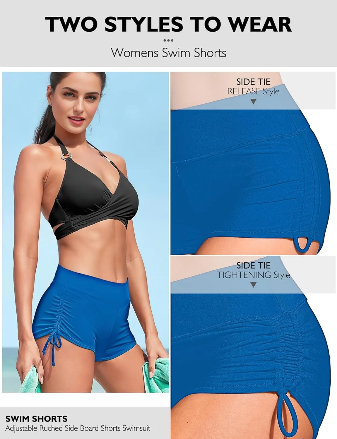Buauty Women's Swim Shorts High Waisted Bathing Suit Bottoms Adjustable Side Tie Swimsuit Boy Short Pants Swimwear UPF50 