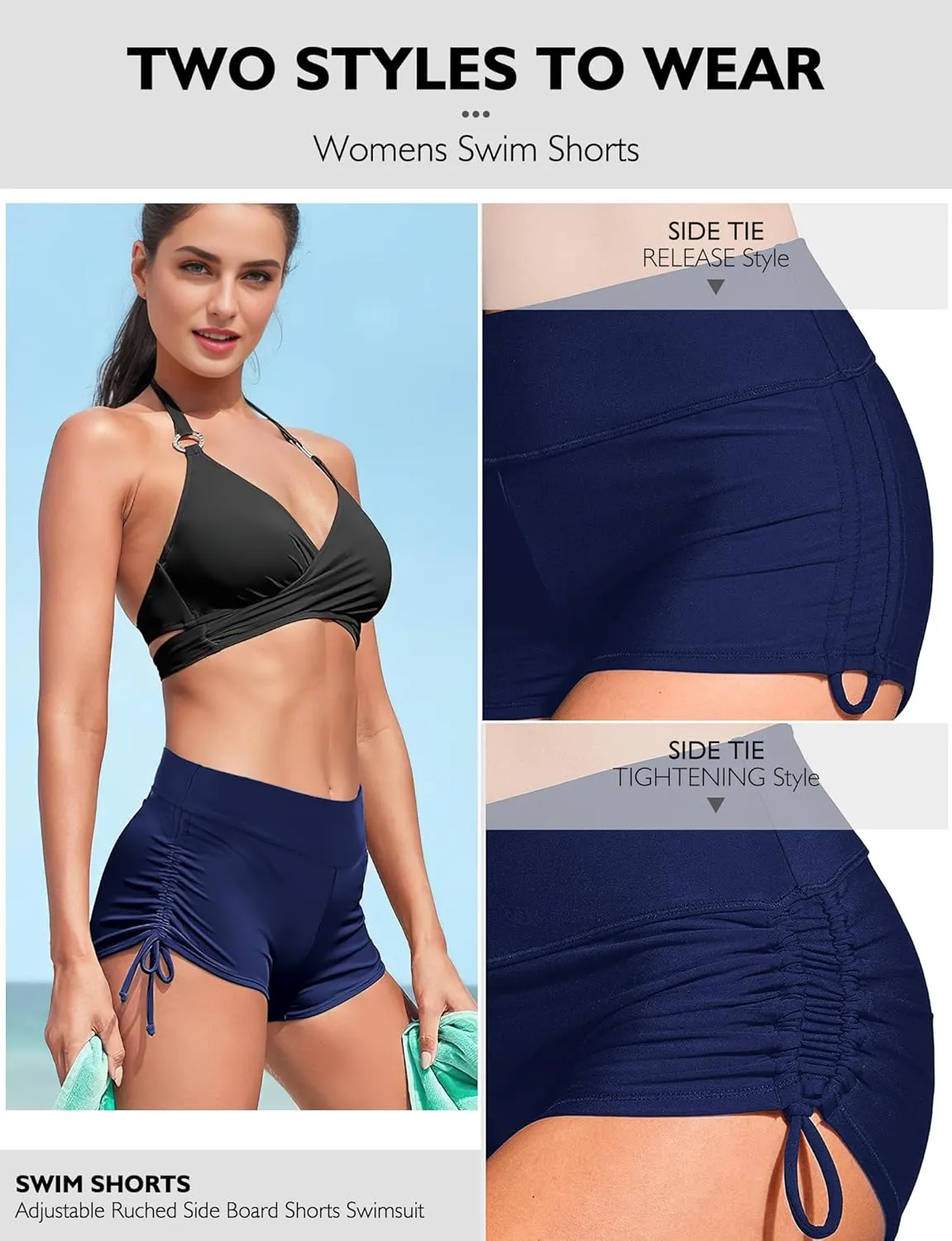 Buauty Women's Swim Shorts High Waisted Bathing Suit Bottoms Adjustable Side Tie Swimsuit Boy Short Pants Swimwear UPF50 