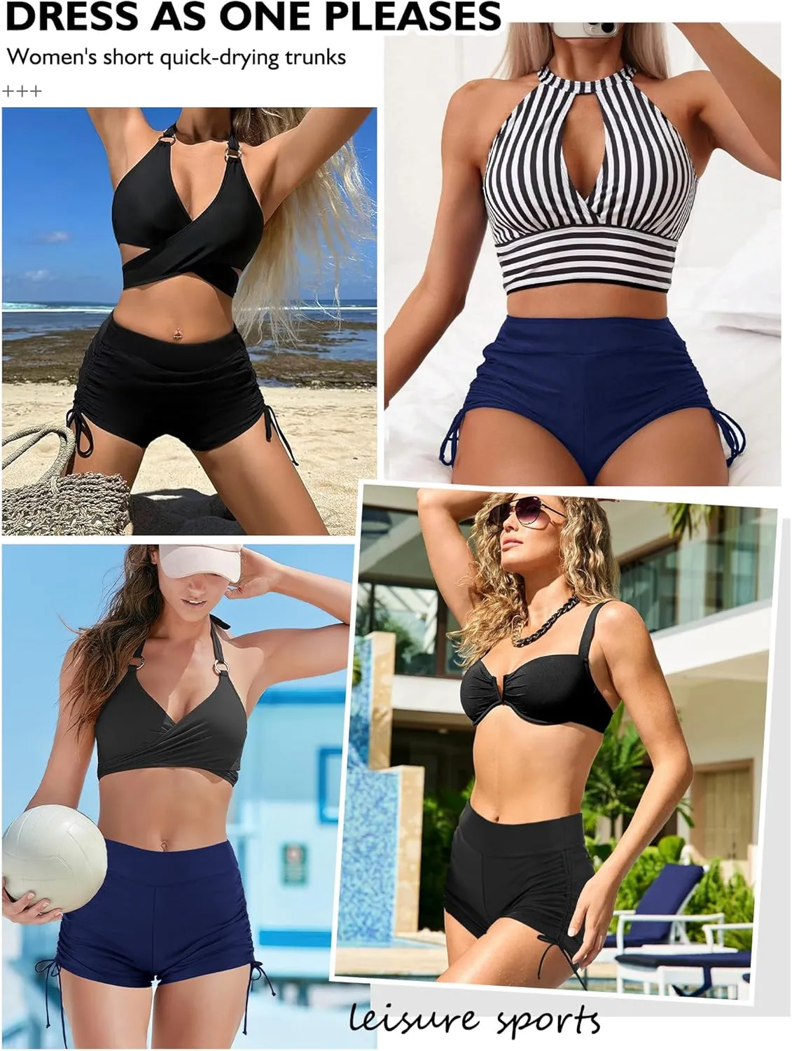 Buauty Women's Swim Shorts High Waisted Bathing Suit Bottoms Adjustable Side Tie Swimsuit Boy Short Pants Swimwear UPF50 