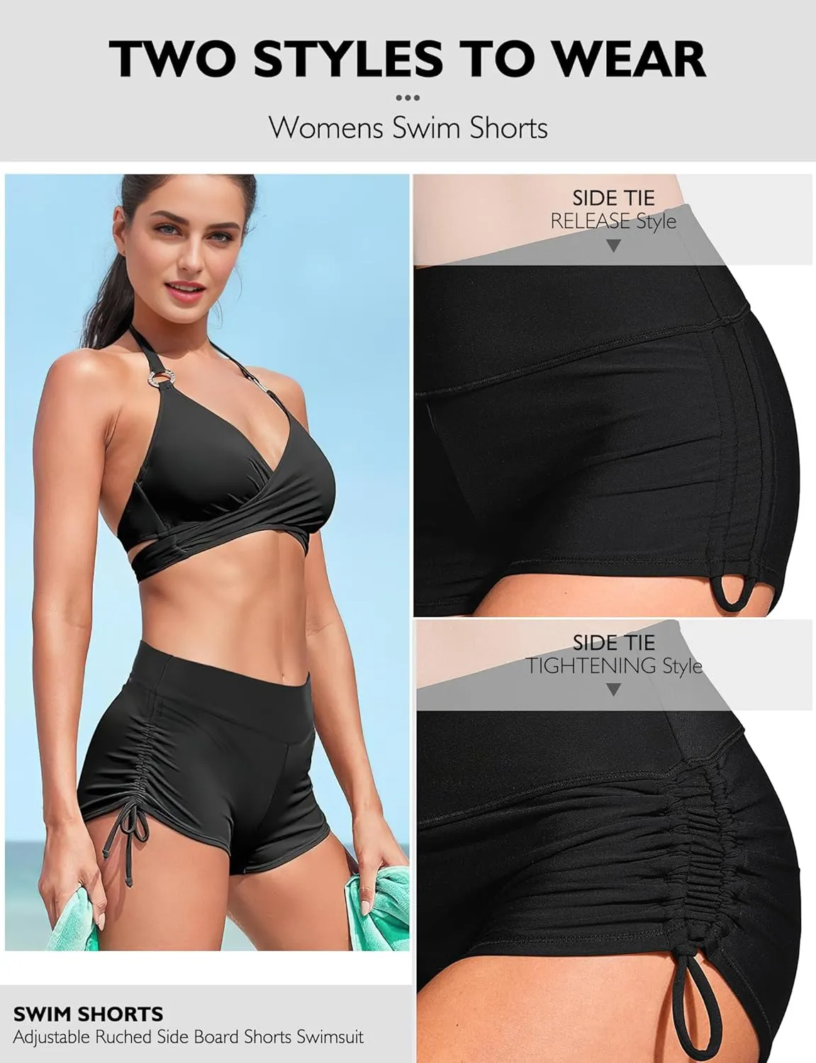 Buauty Women's Swim Shorts High Waisted Bathing Suit Bottoms Adjustable Side Tie Swimsuit Boy Short Pants Swimwear UPF50 