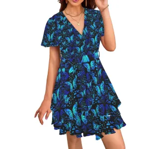 Butterflies Blue Short Women's Double Ruffle Hem Dress up to 5 XL (FWS)