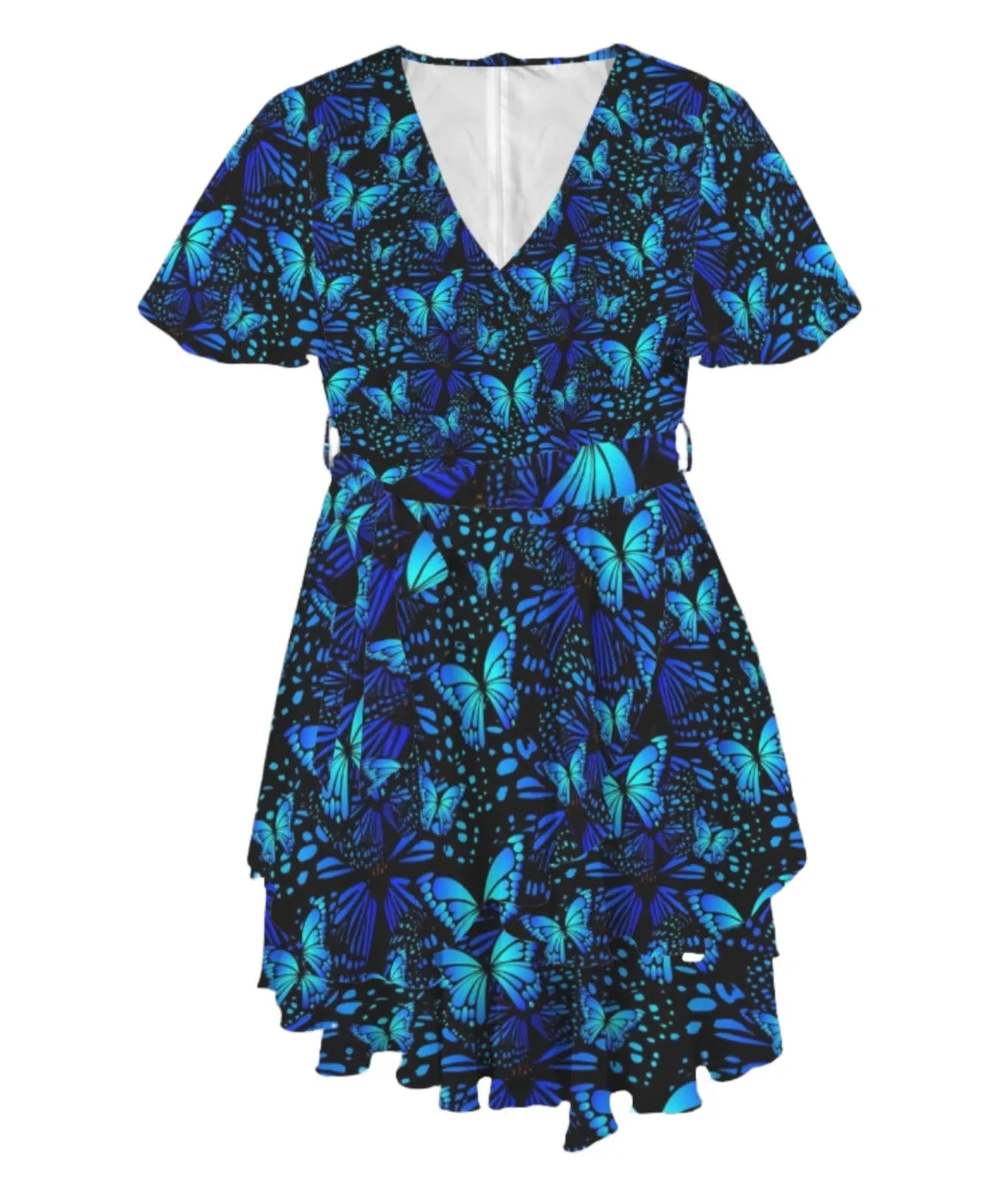 Butterflies Blue Short Women's Double Ruffle Hem Dress up to 5 XL (FWS)