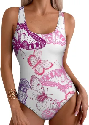 Butterflies Women's 1 Piece Swimsuit Criss Cross Back Scoop Neck Cute Tummy Control Swimwear