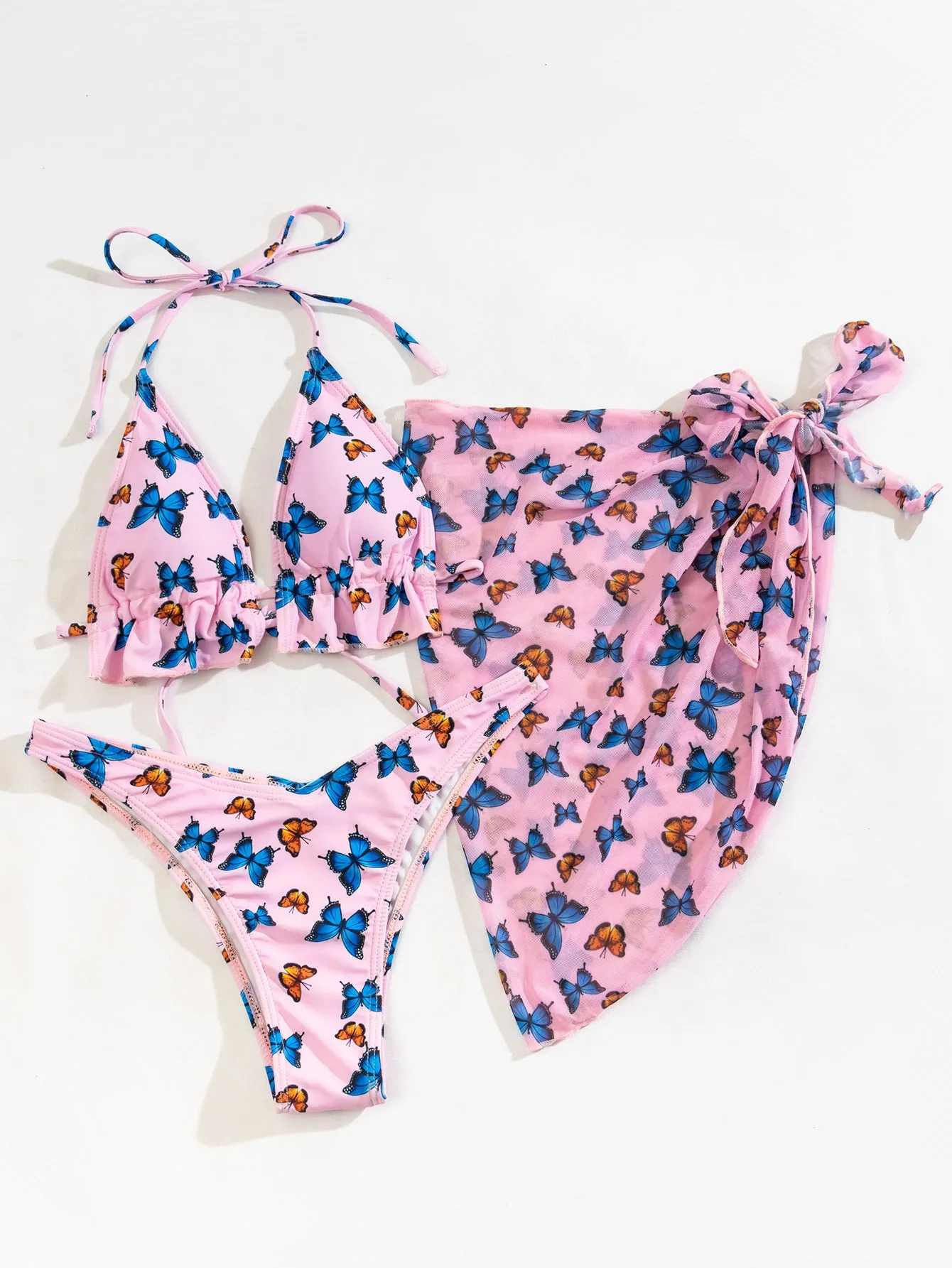 Butterfly Printed Gauze Skirt Three-piece bBikini