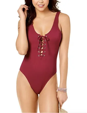 California Waves Junior's Ribbed Lace-Up One-Piece Swimsuit Wine, M