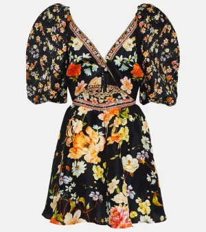 Camilla Puff-sleeve embellished silk minidress
