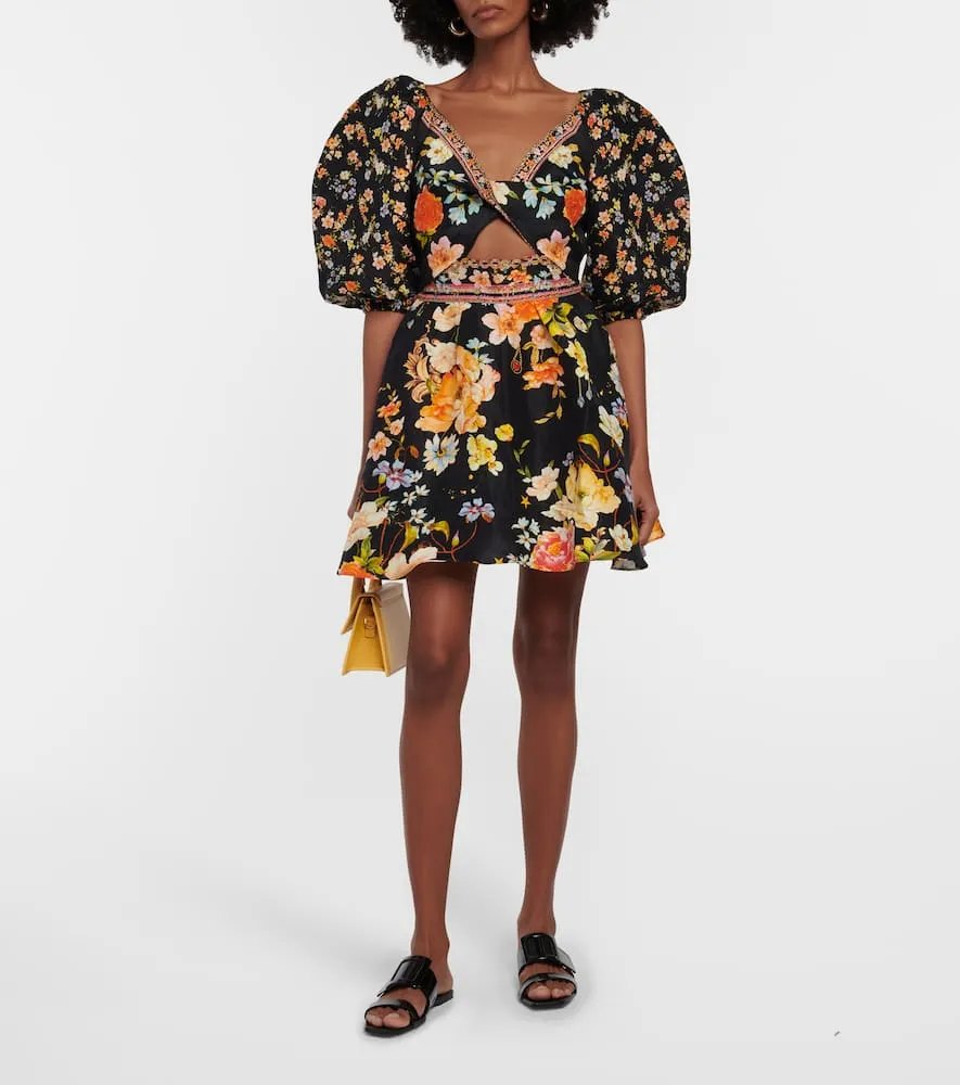 Camilla Puff-sleeve embellished silk minidress
